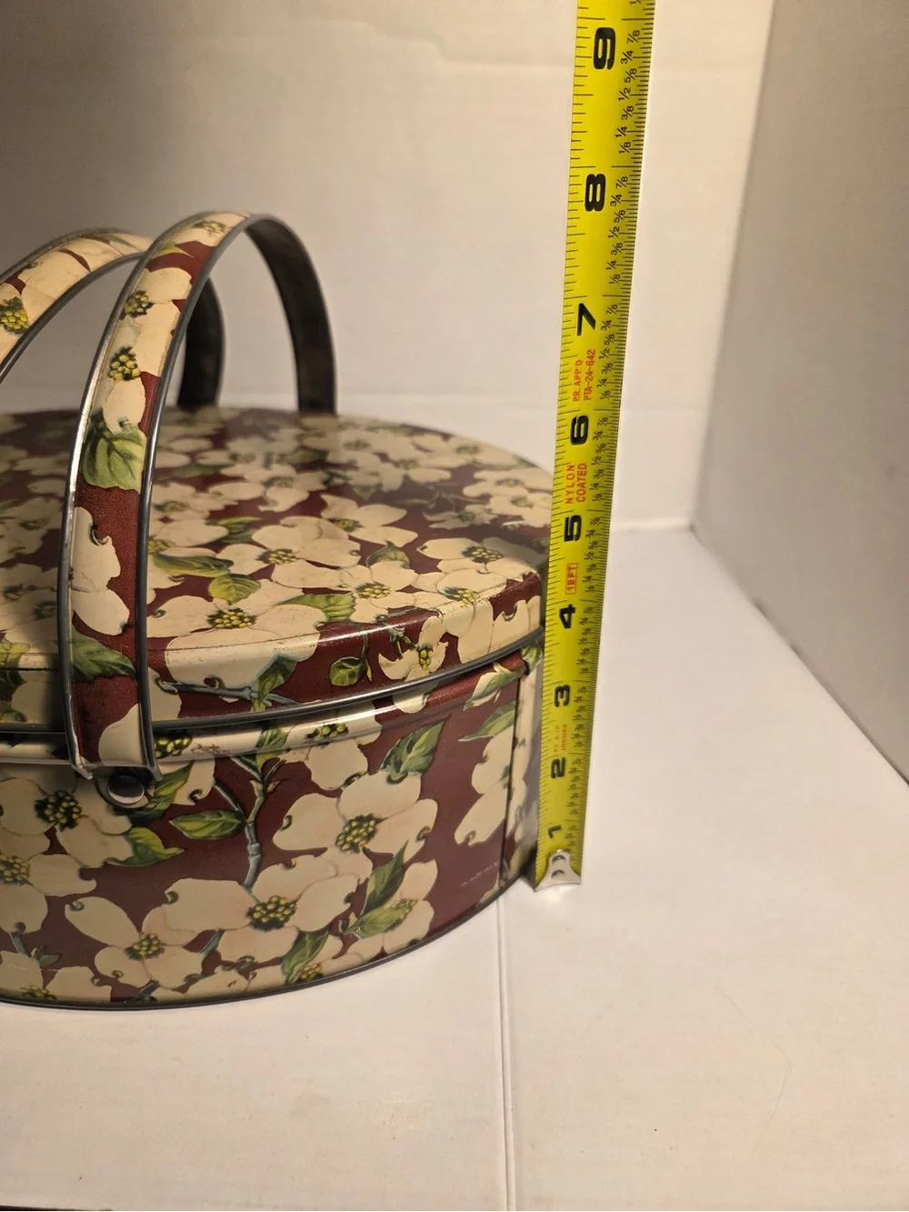 Vintage Dogwood Flower Metal Tin With Handles White Brown Sewing Basket